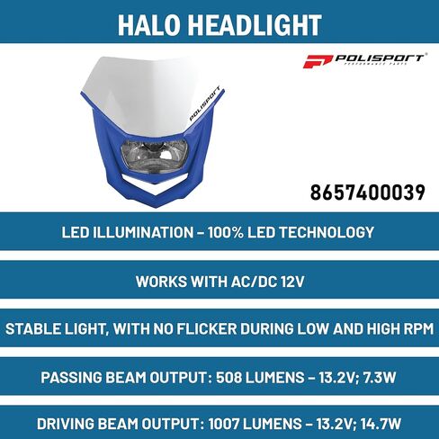 مصباح أمامي Polisport Halo للدراجات النارية والدراجات الترابية والدراجات النارية (MX وEnduro Racing & Riding) - مصباح هالوجين أمامي، نظام تركيب عالمي، معتمد من DOT وECE وSAE - أبيض/أزرق in Saudi Arabia