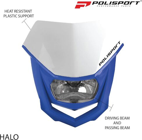 مصباح أمامي Polisport Halo للدراجات النارية والدراجات الترابية والدراجات النارية (MX وEnduro Racing & Riding) - مصباح هالوجين أمامي، نظام تركيب عالمي، معتمد من DOT وECE وSAE - أبيض/أزرق in Saudi Arabia
