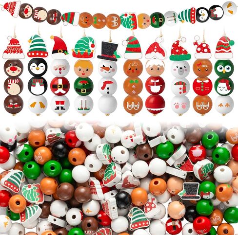 HoniedPepperino عيد الميلاد حبة خشبية مع خيوط - 240 قطعة DIY سانتا كلوز ثلج رجل الزنجبيل رجل قزم حبة إكليل الحرف، عيد الميلاد مزرعة ريفي جولة ديكور الحلي لعيد الميلاد حزب الشتاء المنزل in Saudi Arabia