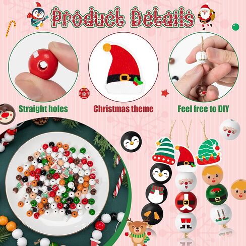 HoniedPepperino عيد الميلاد حبة خشبية مع خيوط - 240 قطعة DIY سانتا كلوز ثلج رجل الزنجبيل رجل قزم حبة إكليل الحرف، عيد الميلاد مزرعة ريفي جولة ديكور الحلي لعيد الميلاد حزب الشتاء المنزل in Saudi Arabia