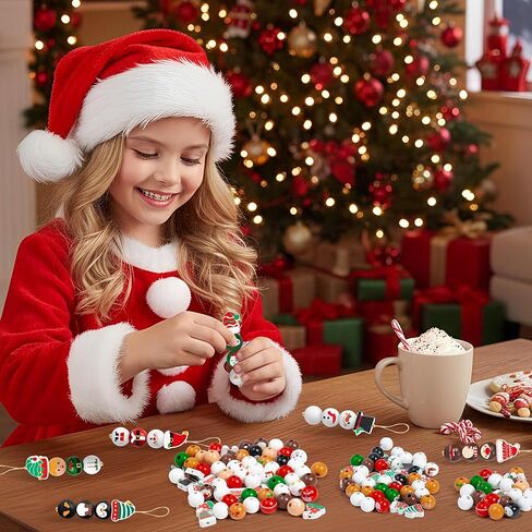 HoniedPepperino عيد الميلاد حبة خشبية مع خيوط - 240 قطعة DIY سانتا كلوز ثلج رجل الزنجبيل رجل قزم حبة إكليل الحرف، عيد الميلاد مزرعة ريفي جولة ديكور الحلي لعيد الميلاد حزب الشتاء المنزل in Saudi Arabia