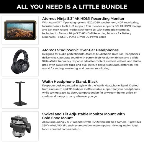 Atomos Ninja 5.2" 4K HDMI Recording Monitor with Atomos 5" Accessory Kit for Shinobi, Shinobi SDI and Ninja V Monitors, SmallRig Swivel and Tilt Adjustable Monitor Mount Bundle Set in Kuwait