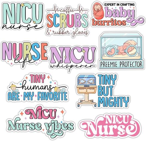 [10 قطع - 3 بوصة] ملصقات ممرضة NICU للتمريض والعمالة المضحكة والتسليم ملصقات ممرضة لتزيين زجاجات المياه والكتب وأجهزة الكمبيوتر المحمولة والهواتف والبهلوانات in Kuwait