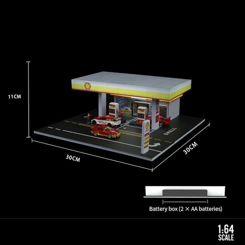 1/64 شل محطة بنزين عرض حالة محطة بنزين DIY نموذج مصغر للبالغين مع تأثيرات LED، دعم قابل للتخصيص والتوسيع (1 سيارة و1 شخصية متضمنة) in Kuwait