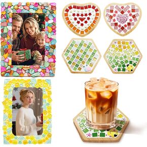 6 Sets DIY Glass Mosaic Tiles for Crafts Mixed Color Mosaic Kits with Wooden Coaster and Wooden Photo Frame for Adults Drinks Tray Handmade Home Decoration in Kuwait