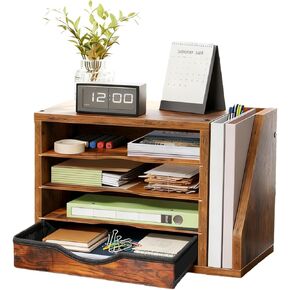 File Organizer with Drawer, Office Desk Organizer Wood, with 4 Adjustable Shelves, Mail Sorter with Drawer, Office Desk Paper Holder, Brown in Saudi Arabia