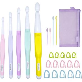 Araeknotta Large Crochet Hooks Set with Stitch Markers, Yarn Needles, Purple Pouch - 5 Sizes (8mm, 10mm, 12mm, 15mm, 20mm) - Ergonomic Plastic Crochet Hooks for Chunky Blanket Yarn in Saudi Arabia