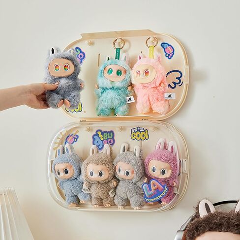 Figure Display Case Compatible with 6.7 Inch Labubu Plush Doll, Wall Display Case for Doll, Clear Display Box with 3 Hooks, Easy to Open Detachable Crystal PET Cover in Saudi Arabia