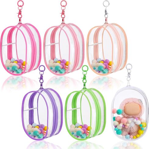 6 Pcs 7 Inch Clear Figure Display Bag with Keychain Large Doll Hanging Blind Box Display Case Clear Keychain Pouch with 2 Pcs Plush Balls for Figures Collectibles, Doll Collector(Mixed Color) in Saudi Arabia