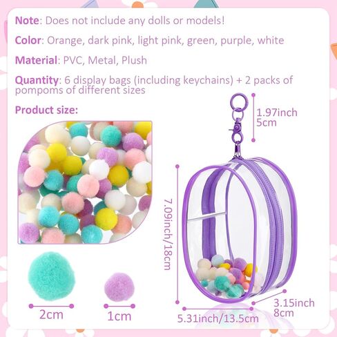 6 Pcs 7 Inch Clear Figure Display Bag with Keychain Large Doll Hanging Blind Box Display Case Clear Keychain Pouch with 2 Pcs Plush Balls for Figures Collectibles, Doll Collector(Mixed Color) in Saudi Arabia