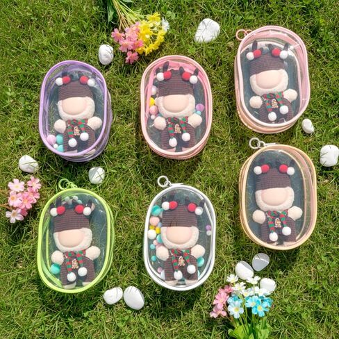 6 Pcs 7 Inch Clear Figure Display Bag with Keychain Large Doll Hanging Blind Box Display Case Clear Keychain Pouch with 2 Pcs Plush Balls for Figures Collectibles, Doll Collector(Mixed Color) in Saudi Arabia