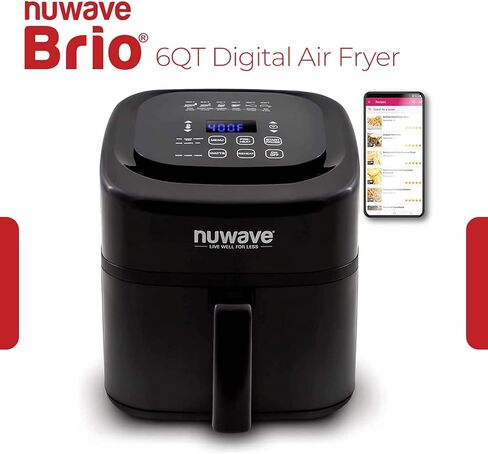 مقلاة هوائية Nuwave Brio 10 في 1، سعة مقلاة هوائية 6 QT مع مسبار ذكي، خبز شواء مشوي للوجبات السريعة، أدوات تحكم رقمية بلمسة واحدة، مقلاة قوية 1800 واط، 100 وصفة، مقسم قابل للإزالة وطاسة شواء in Kuwait