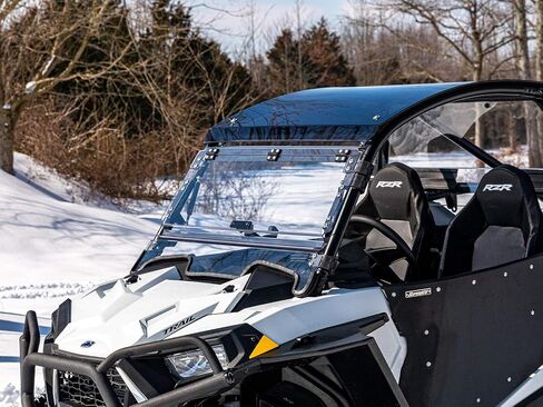 SuperATV Scratch Resistant 3-in-1 Flip Windshield for 2021+ Polaris RZR Trail 900, S 900, S 1000, Open, Vented Or Fully Closed, 1/4" Polycarbonate 250x Stronger than Glass, USA Made in Saudi Arabia
