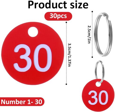 Larrel 1-30 Number Tags, Red Diameter 1.37in/ 3.5cm Numbered Key Tags with Metal Rings Reusable Round Plastic Number Tag for Home Office Garage Dormitory Keys House Lockers in Saudi Arabia