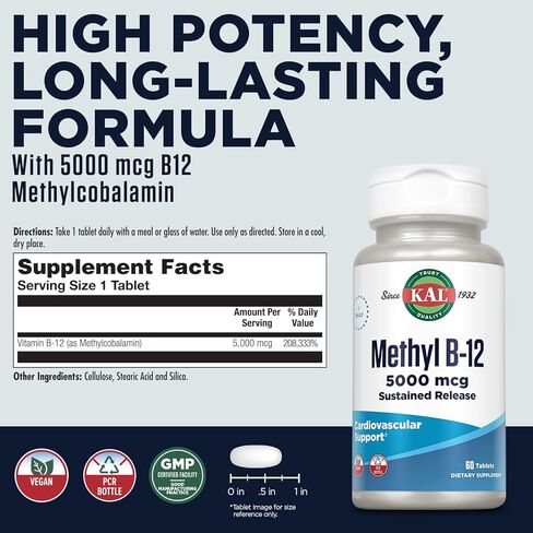 KAL Ultra B12 Methylcobalamin 10,000mcg, High Potency Vitamin B-12 for Healthy Energy, Metabolism, Nerve, Red Blood Cell Support,* Natural Raspberry Flavor, Vegetarian, 30 Micro Tablets, 30 Servings in Saudi Arabia