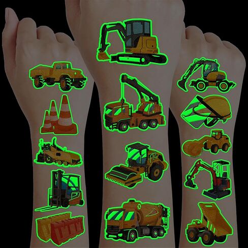 96 PCS Construction Car Truck Pre-Cut Luminous Glow in the dark Temporary Tattoos for Kids | Super Cute Themed Birthday Party Favors, Supplies, Decorations, Fake Tattoo Stickers Gifts for Boys Girls in Saudi Arabia