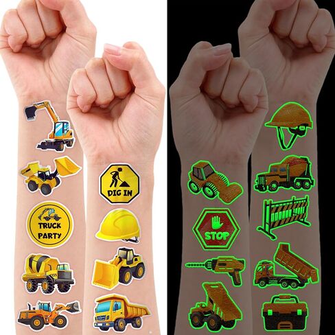 96 PCS Construction Car Truck Pre-Cut Luminous Glow in the dark Temporary Tattoos for Kids | Super Cute Themed Birthday Party Favors, Supplies, Decorations, Fake Tattoo Stickers Gifts for Boys Girls in Saudi Arabia