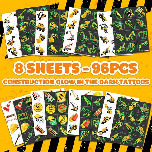 96 PCS Construction Car Truck Pre-Cut Luminous Glow in the dark Temporary Tattoos for Kids | Super Cute Themed Birthday Party Favors, Supplies, Decorations, Fake Tattoo Stickers Gifts for Boys Girls in Saudi Arabia