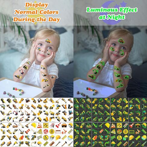 96 PCS Construction Car Truck Pre-Cut Luminous Glow in the dark Temporary Tattoos for Kids | Super Cute Themed Birthday Party Favors, Supplies, Decorations, Fake Tattoo Stickers Gifts for Boys Girls in Saudi Arabia