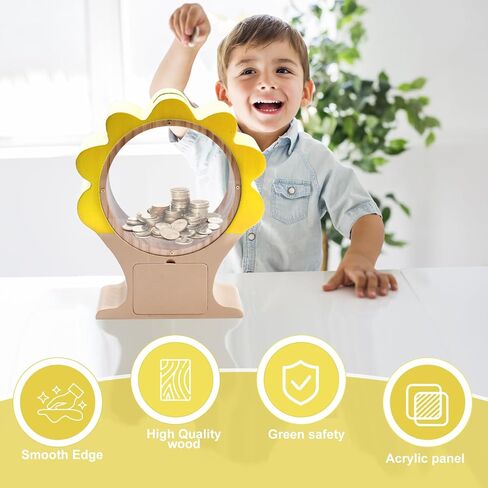 Wooden Money Bank for Boys Girls Large Piggy Bank for Kid Adult, Cute Unbreakable Wood Money Box with Acrylic Clear Sides, Money Saving Box Jar Personalized Gifts, Summer-Green in Saudi Arabia