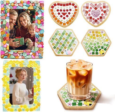 6 Sets DIY Glass Mosaic Tiles for Crafts Mixed Color Mosaic Kits with Wooden Coaster and Wooden Photo Frame for Adults Drinks Tray Handmade Home Decoration in Kuwait