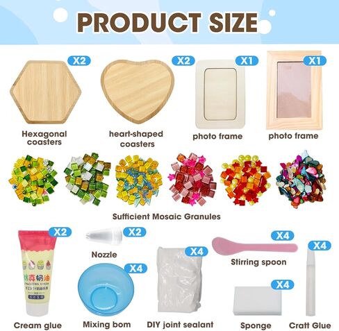 6 Sets DIY Glass Mosaic Tiles for Crafts Mixed Color Mosaic Kits with Wooden Coaster and Wooden Photo Frame for Adults Drinks Tray Handmade Home Decoration in Kuwait