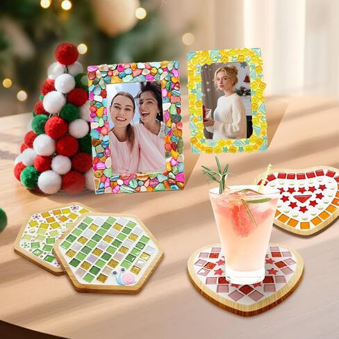 6 Sets DIY Glass Mosaic Tiles for Crafts Mixed Color Mosaic Kits with Wooden Coaster and Wooden Photo Frame for Adults Drinks Tray Handmade Home Decoration in Kuwait
