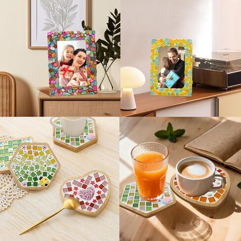 6 Sets DIY Glass Mosaic Tiles for Crafts Mixed Color Mosaic Kits with Wooden Coaster and Wooden Photo Frame for Adults Drinks Tray Handmade Home Decoration in Kuwait