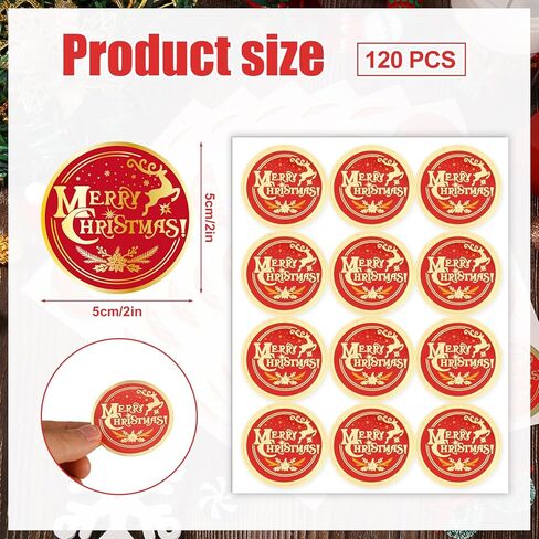 120pcs Christmas Labels Stickers, 2" Large Round Merry Christmas Gold Foil Seals Adhesive Xmas Decorative Stickers Label for Gift Tags Cards Envelopes Boxes (Red Gold) in Saudi Arabia