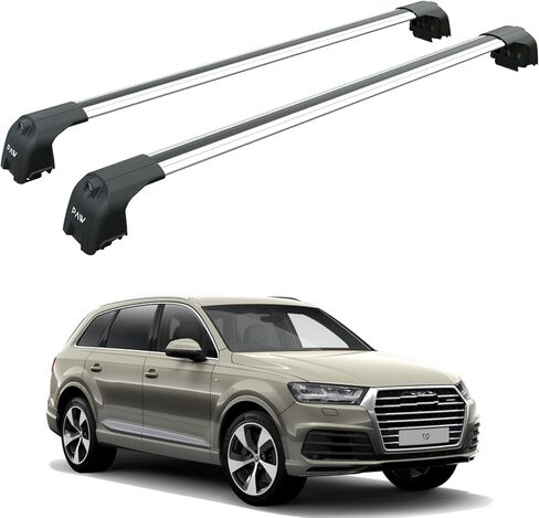 قضبان متقاطعة لحامل السقف لسيارة Audi Q7، تصميم فتحة T من الألومنيوم، قابلة للقفل، تناسب القضبان المدمجة المتدفقة للخدمة الشاقة سعة تحميل 330 رطل (فضي، الجيل الثاني (Typ 4M): 2015–Up) in Kuwait