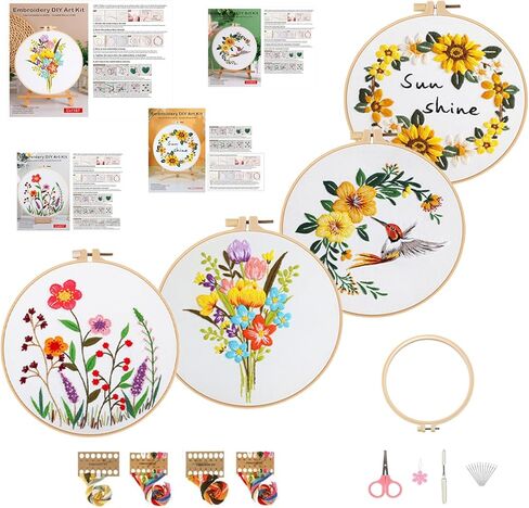 Vigdit 4 Pack Embroidery Kit for Beginners, Needlepoint Cross Stitch Kit for Adult Beginner, Easy DIY Hand Embroidery Starter Kit with Stamped Floral Pattern Embroidery Hoop Tools and Instruction in Saudi Arabia
