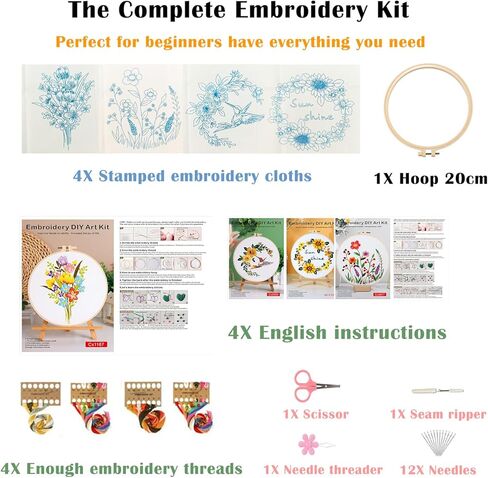 Vigdit 4 Pack Embroidery Kit for Beginners, Needlepoint Cross Stitch Kit for Adult Beginner, Easy DIY Hand Embroidery Starter Kit with Stamped Floral Pattern Embroidery Hoop Tools and Instruction in Saudi Arabia