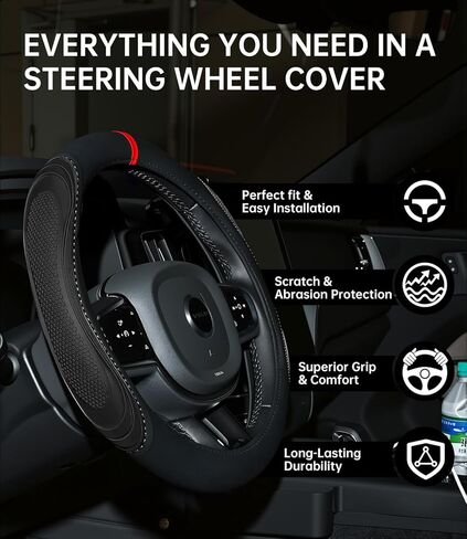 XCBYT Steering Wheel Cover - Black Leather Steering Wheel Wrap Great Grip with 3D Honeycomb Quick and Effortless Installation Non-Slip Silicone Inner Ring for Women Man Universal Fit 14.5-15 Inch in Kuwait