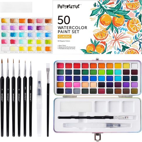 50 Colors Watercolor Paint Set - Vibrant Pigments in Portable Metal Case with 6 Brushes, Non-Toxic Travel-Friendly Painting Kit for Professional Artists/Students/Beginners in Saudi Arabia