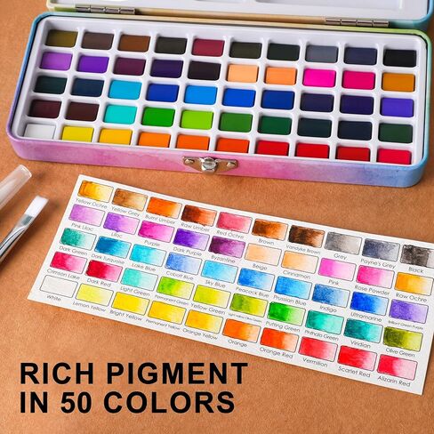 50 Colors Watercolor Paint Set - Vibrant Pigments in Portable Metal Case with 6 Brushes, Non-Toxic Travel-Friendly Painting Kit for Professional Artists/Students/Beginners in Saudi Arabia