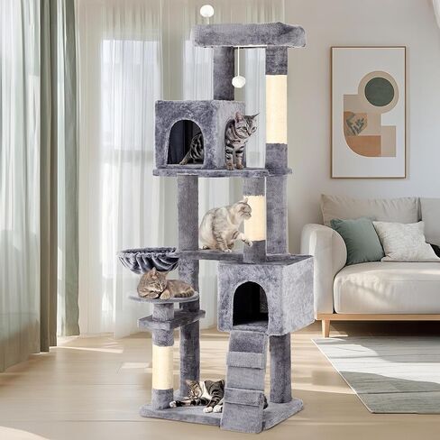 YITAHOME 44in Cat Tree Tower Indoor, Multi-Level Cat Condo with Scratching Posts, Cat Window Padded Plush Perch, Cozy Hammock, Funny Pompoms for Kittens Pet Play House, Light Gray in Saudi Arabia