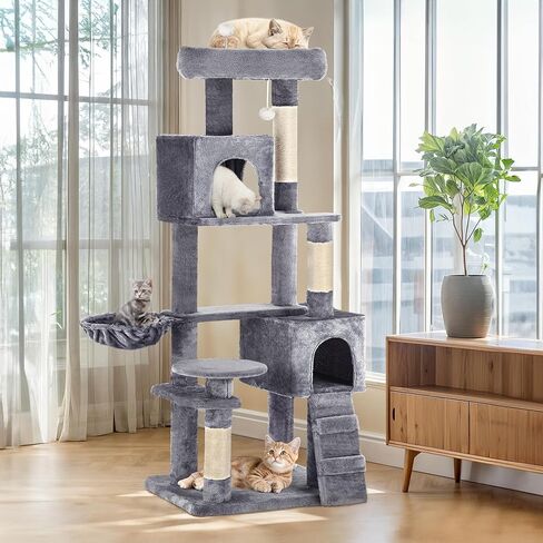 YITAHOME 44in Cat Tree Tower Indoor, Multi-Level Cat Condo with Scratching Posts, Cat Window Padded Plush Perch, Cozy Hammock, Funny Pompoms for Kittens Pet Play House, Light Gray in Saudi Arabia