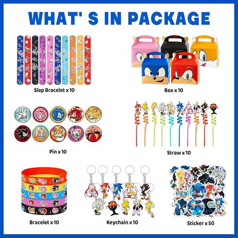 Birthday Party Supplies,110 Pcs Party Favors Include 10 Silicone Wristbands,10 Straws,10 Keychains,10 Pattern Decorations,10 Wrists,10Gift Boxes and 50 Stickers, Best Gift Bag Filler for Themed Party in Saudi Arabia
