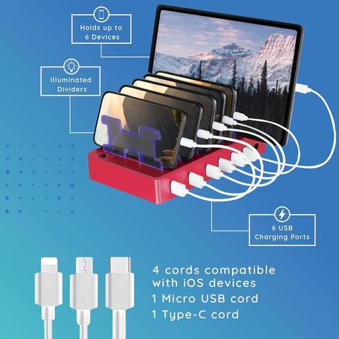 Charging Station for Multiple Devices, with 6 USB Fast Ports, Compatible with Cell Phones, Smart Phones, Tablets, and Other Electronics (Silver) in Saudi Arabia
