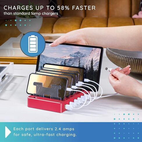 Charging Station for Multiple Devices, with 6 USB Fast Ports, Compatible with Cell Phones, Smart Phones, Tablets, and Other Electronics (Silver) in Saudi Arabia