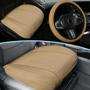 SAN LIKE 2PCS Car Seat Covers Luxury Leather Universal Anti-Slip Driver Car Seat Protectors with Storage Pocket, Waterproof Auto Cushion Pad Mat for Most Vehicles (Beige) + 1pcs Steering Wheel Cover in Kuwait