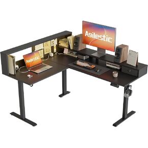 مكتب قائم كهربائي على شكل حرف L من Agilestic، مكتب مريح بارتفاع قابل للتعديل مقاس 63 × 55 بوصة مع مساحة تخزين، مكتب زاوية للوقوف ومنفذ طاقة لطاولة الكمبيوتر وأضواء LED، طاولة مكتب، بني ريفي in Kuwait