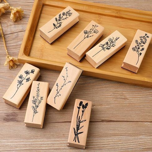 8 Pcs Wood Rubber Stamps, Plant and Flower Decorative Wooden Rubber Stamp Set for DIY Craft, Diary, Scrapbooking, Journal in Saudi Arabia