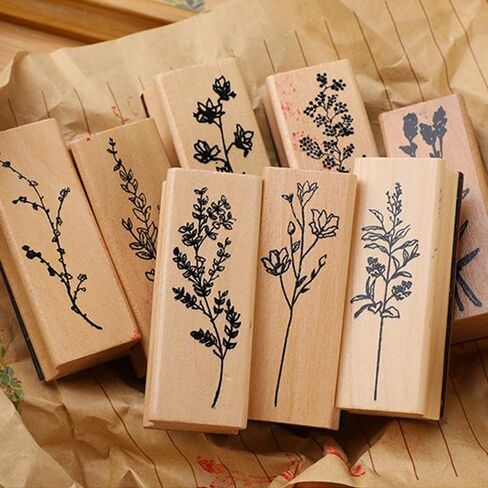 8 Pcs Wood Rubber Stamps, Plant and Flower Decorative Wooden Rubber Stamp Set for DIY Craft, Diary, Scrapbooking, Journal in Saudi Arabia