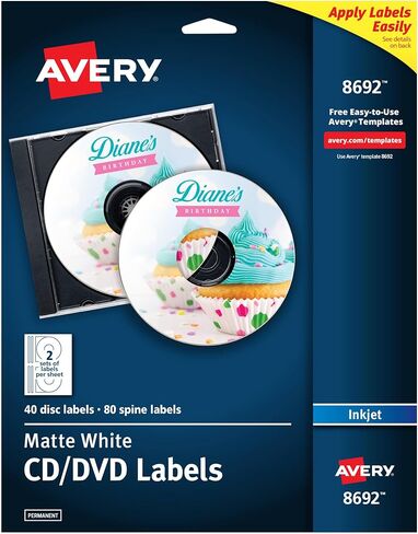 ملصقات Avery® للأقراص المضغوطة/أقراص DVD، دائمة، 8692، أبيض مطفي، عبوة من 40 قطعة in Saudi Arabia