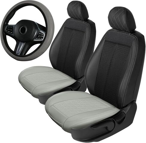 SAN LIKE 2PCS Car Seat Covers Luxury Leather Universal Anti-Slip Driver Car Seat Protectors with Storage Pocket, Waterproof Auto Cushion Pad Mat for Most Vehicles (Beige) + 1pcs Steering Wheel Cover in Saudi Arabia