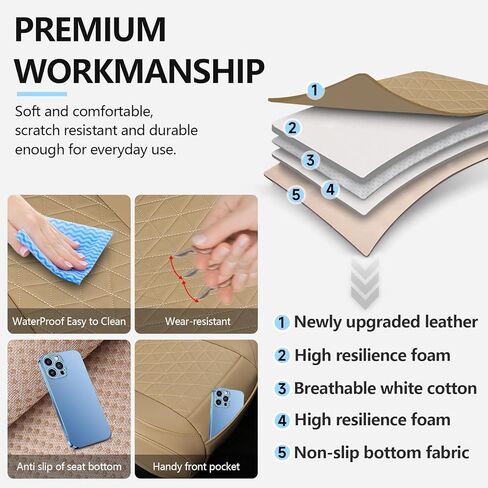 SAN LIKE 2PCS Car Seat Covers Luxury Leather Universal Anti-Slip Driver Car Seat Protectors with Storage Pocket, Waterproof Auto Cushion Pad Mat for Most Vehicles (Beige) + 1pcs Steering Wheel Cover in Kuwait