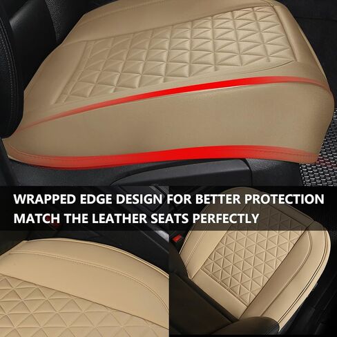 SAN LIKE 2PCS Car Seat Covers Luxury Leather Universal Anti-Slip Driver Car Seat Protectors with Storage Pocket, Waterproof Auto Cushion Pad Mat for Most Vehicles (Beige) + 1pcs Steering Wheel Cover in Kuwait
