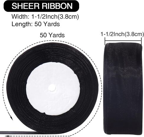 1-1/2 Inch x 50 Yards Sheer Organza Ribbon Chiffon Ribbon for Gift Wedding Flower Bouquet Wrapping Decorations Crafts (Black) in Kuwait