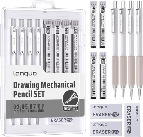 مجموعة أقلام رصاص ميكانيكية مع حافظة، 4 قطع أقلام رصاص ميكانيكية فنية مقاس 0.7 ملم + 40 قطعة عبوات رصاص HB + 40 قطعة عبوات رصاص 2B + 3 قطع ممحاة + 1 قطعة حافظة، رسم أقلام رصاص ميكانيكية للكتابة والرسم in Kuwait